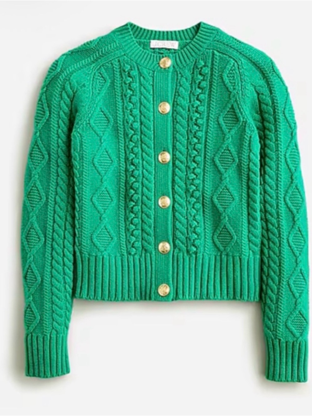 J.CREW Cable Knit Cardigan Emerald Green Lambswool Gold Crest Buttons XL